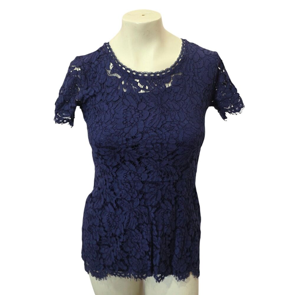 Isaac Mizrahi Live‎ Navy Lace Blouse XXS Sheer Floral Short Sleeve Top Boho